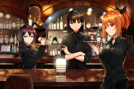 Anime Original 4K Ultra HD PC desktop wallpaper/background — three anime bartenders in black uniforms behind a warmly lit bar: one shaking a cocktail, one arms-crossed, one holding a drink.
