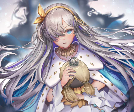 Anastasia (Fate/Grand Order) anime HD PC desktop wallpaper and background: silver‑haired Anastasia in an ornate cloak, blue eyes, clutching a wrapped doll against an ethereal cloudy sky.