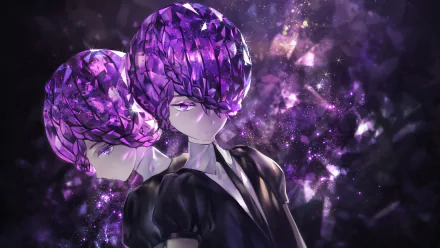 4K Ultra HD anime wallpaper featuring Amethyst from Land of the Lustrous with a vibrant purple crystalline texture and cosmic background.