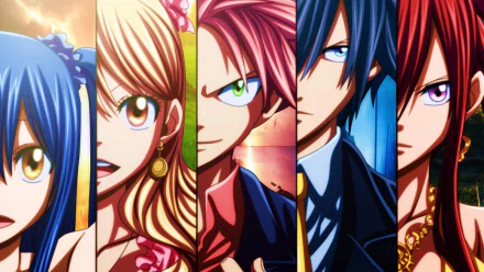 HD PC desktop wallpaper featuring close-up portraits of Fairy Tail characters Wendy Marvell, Lucy Heartfilia, Natsu Dragneel, Gray Fullbuster, and Erza Scarlet in vibrant anime style.