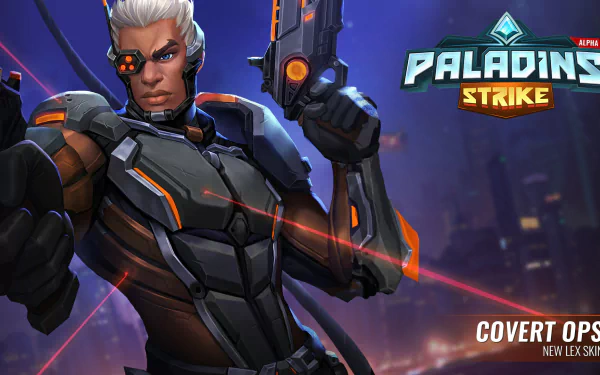 Lex (Paladins) in armored combat pose with glowing visor and weapons, Paladins Strike logo visible — HD PC desktop wallpaper/background from the Paladins video game.