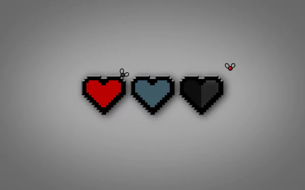 HD PC desktop wallpaper featuring pixelated red, blue, and black hearts from the video game The Binding of Isaac: Rebirth.