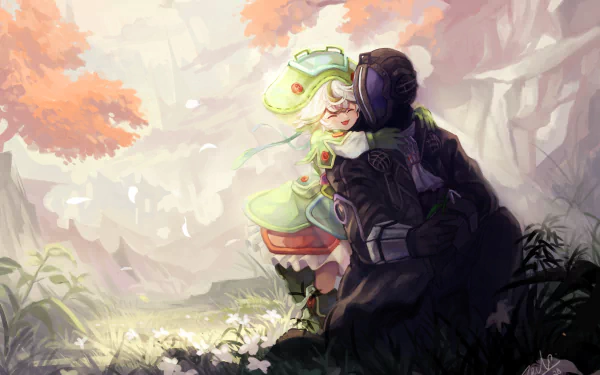 An HD wallpaper featuring Bondrewd and Prushka from Made in Abyss, set against a serene dawn in nature with flowers blooming in the foreground and pastel hues enhancing the anime art style.