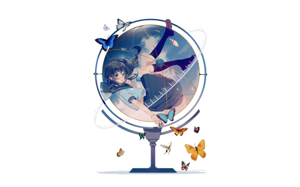 Anime original: long black-haired girl in a school uniform floats inside a glass globe while butterflies swirl; 4K Ultra HD desktop wallpaper.