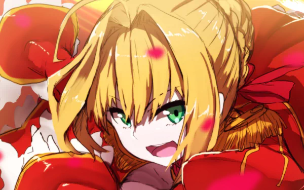 HD PC desktop wallpaper featuring Nero Claudius from Fate/Extra, an anime-style Saber character with blonde hair and vibrant red attire.