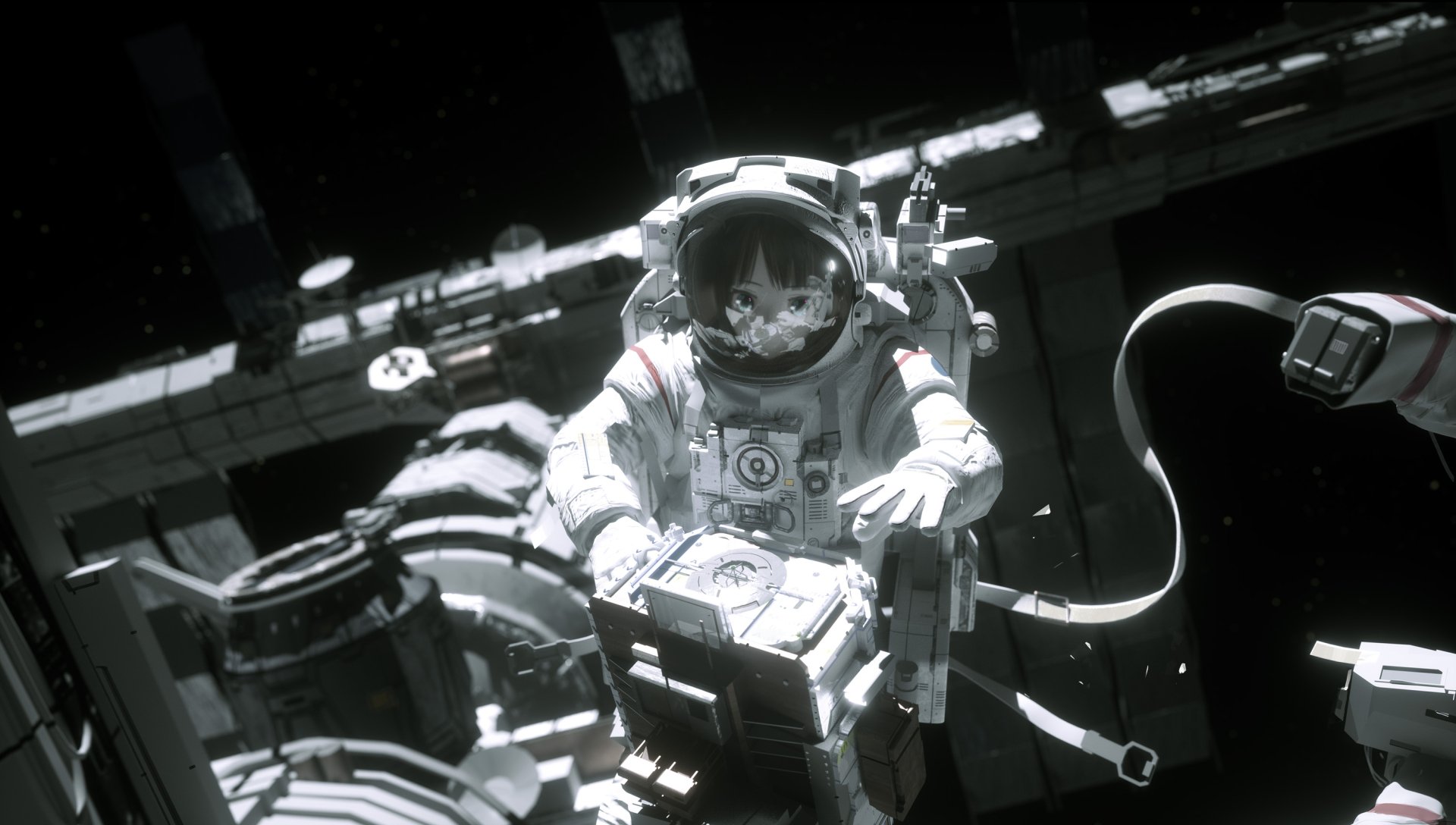 Anime-style astronaut drifting outside a space station, high-detail monochrome 2K Quad HD PC desktop wallpaper and background.