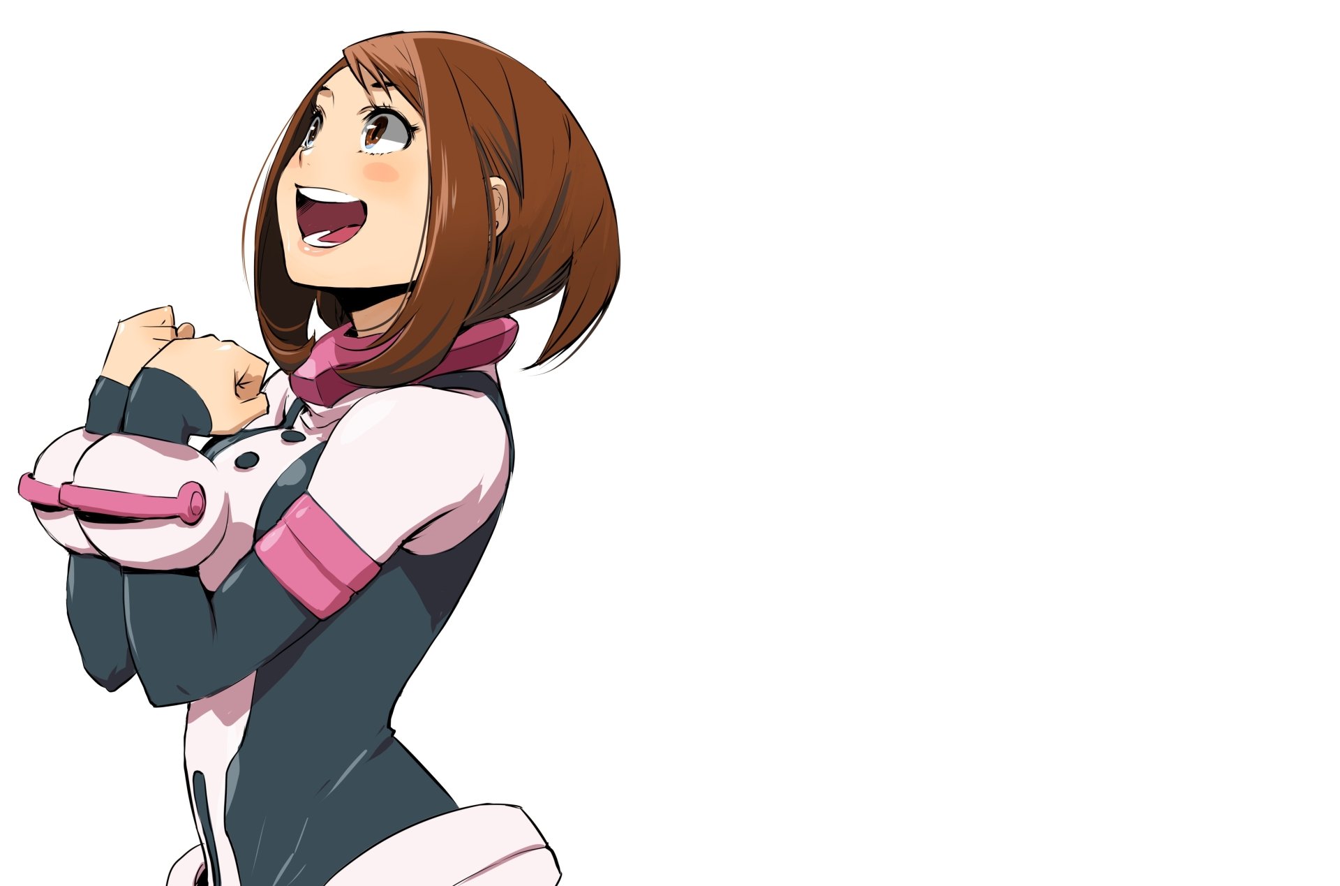 Ochaco Uraraka (My Hero Academia) in hero suit, smiling and looking upward with clasped hands; 5K Ultra HD PC desktop wallpaper on white background.
