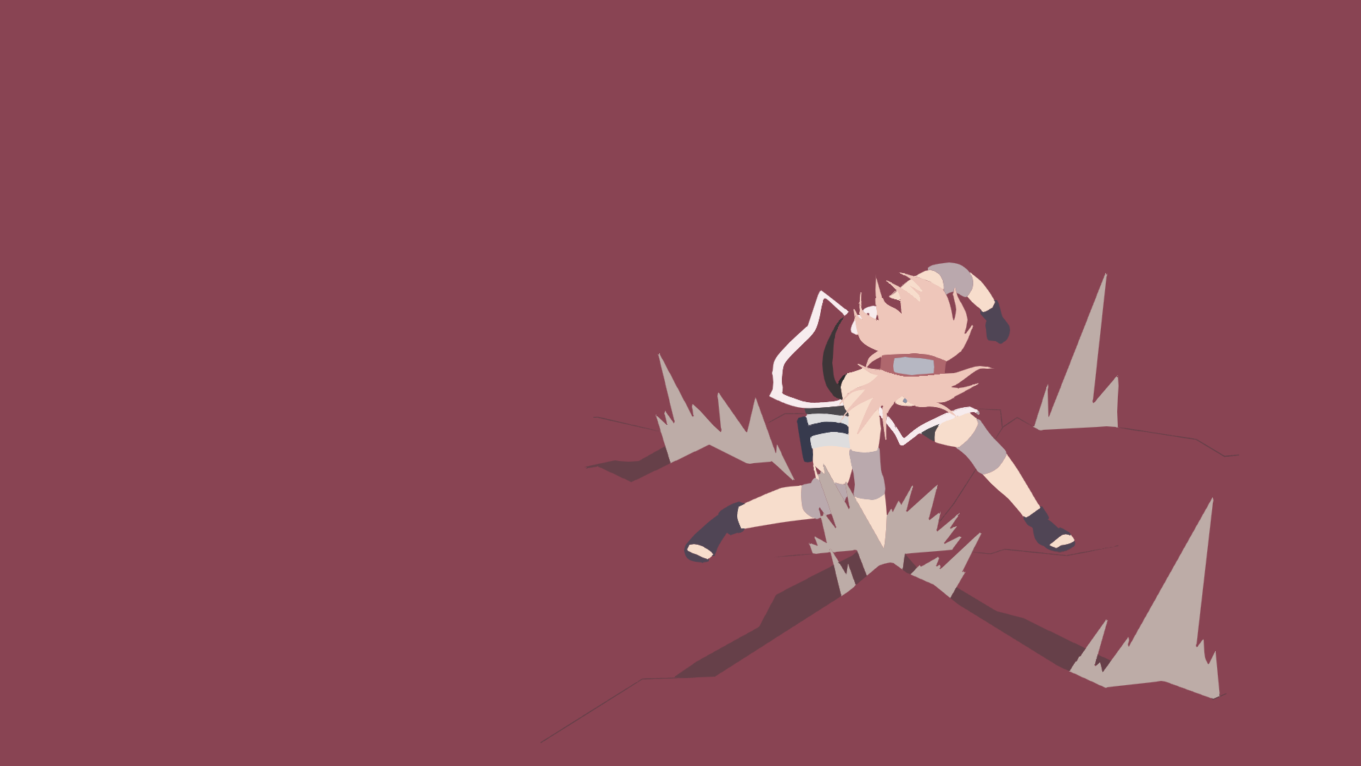 HD PC desktop wallpaper of Sakura Haruno (Naruto) in stylized anime art, crashing down mid-attack with shockwave shards on a maroon background.
