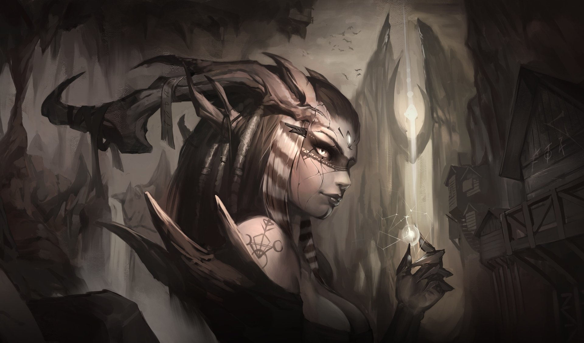 HD PC desktop wallpaper featuring a dark demon with prominent horns, holding a small glowing flame in a shadowy, eerie environment.