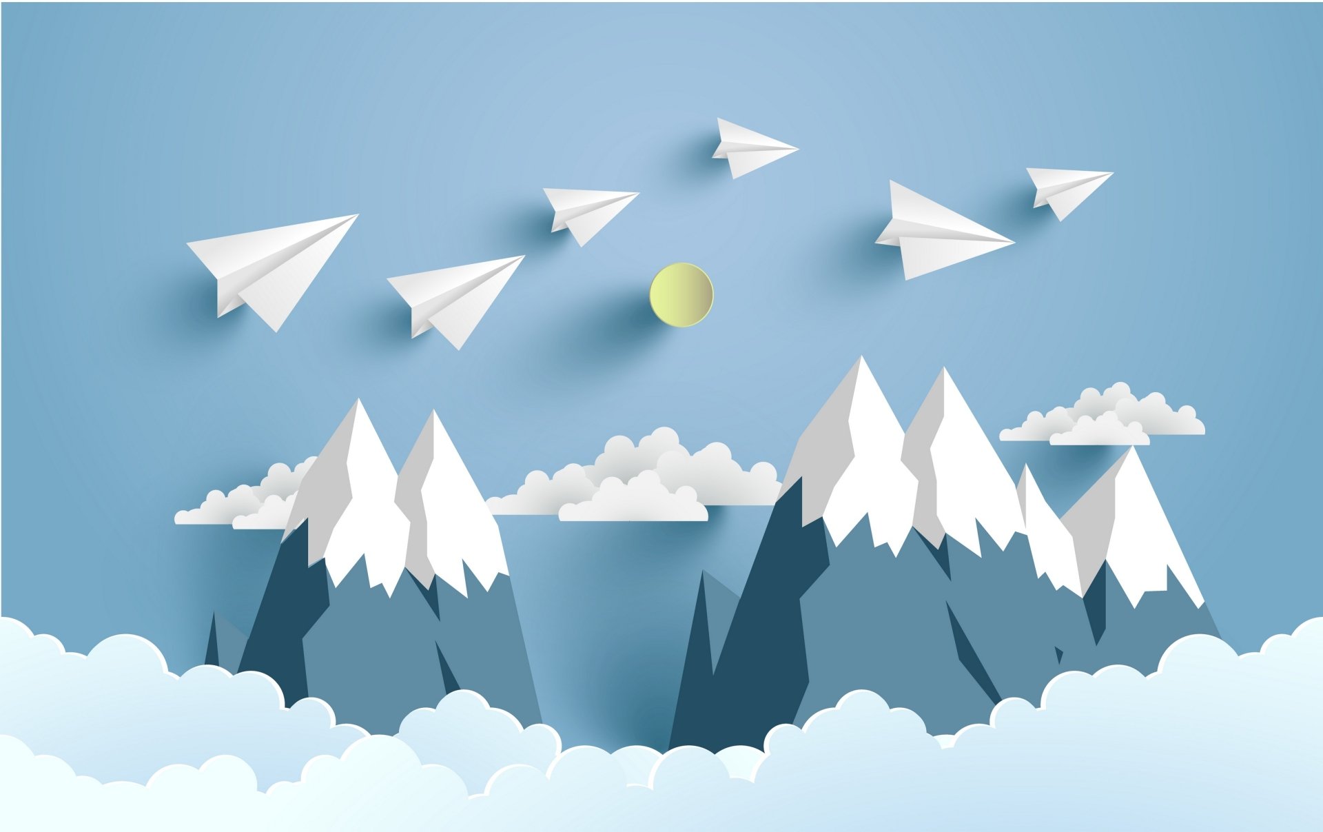 Artistic HD wallpaper featuring paper planes soaring over snowy mountains and clouds beneath a sunlit sky.