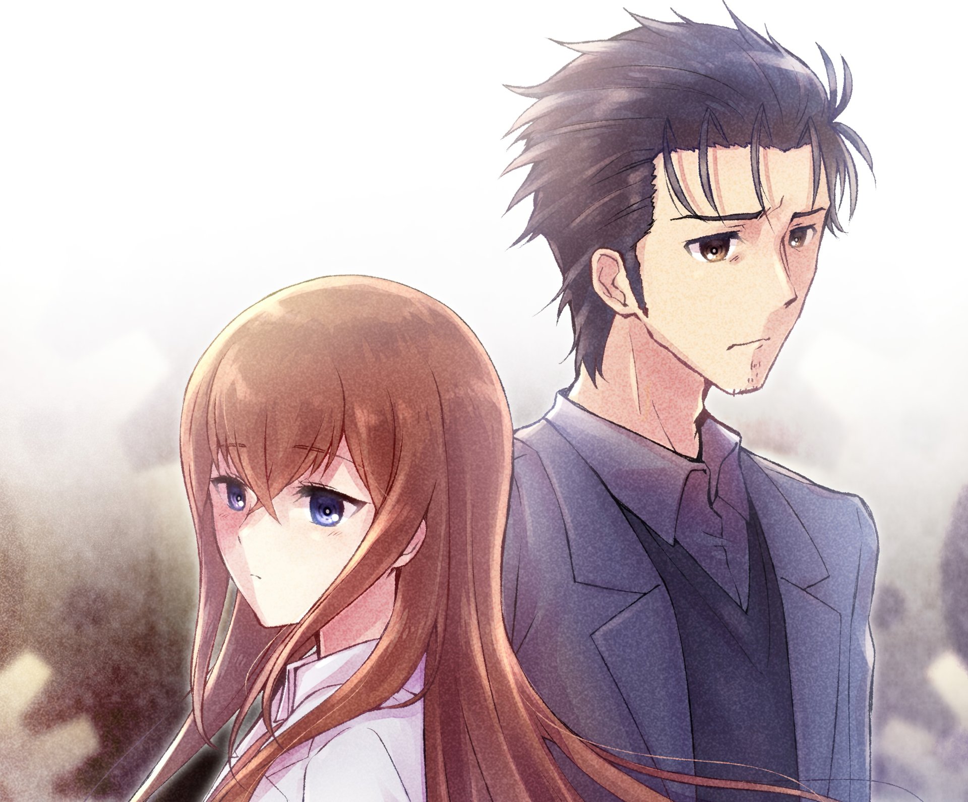 HD anime desktop wallpaper featuring Rintaro Okabe and Kurisu Makise from Steins;Gate, showcasing their distinct expressions against a soft, blurred background.