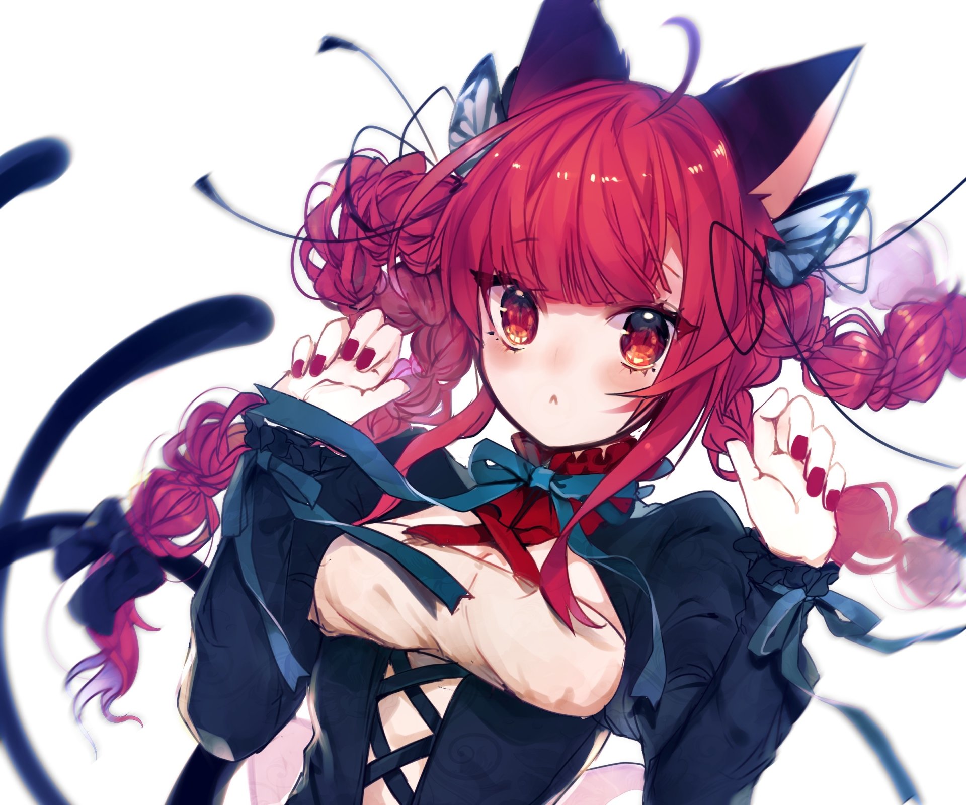 Rin Kaenbyou from Touhou — red-haired, cat-eared anime girl with braided twin tails and vivid red eyes, posing on a clean white background; HD PC desktop wallpaper/background.