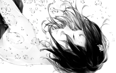 HD anime wallpaper featuring a girl with short black hair surrounded by floating bubbles in a monochrome underwater scene.