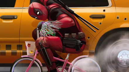 HD desktop wallpaper from Deadpool 2 featuring Deadpool riding a small pink bicycle alongside a yellow taxi.