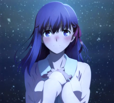 Sakura Matou, from Fate/stay Night: Heaven's Feel, with purple hair and eyes, blushes against a snowy, dark background. This HD desktop wallpaper captures her gentle, emotional expression.
