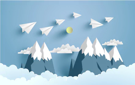 Artistic HD wallpaper featuring paper planes soaring over snowy mountains and clouds beneath a sunlit sky.