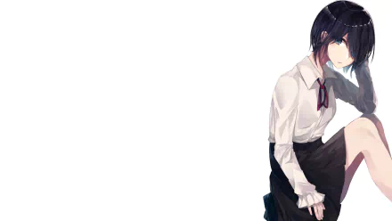 Anime-style original artwork of a pensive character with dark hair, dressed in a white shirt and black skirt, designed as a 4K Ultra HD PC desktop wallpaper and background.