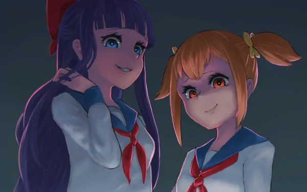 HD PC desktop wallpaper featuring Popuko and Pipimi from the anime Pop Team Epic, showcasing their distinct expressions and school uniforms in a dark, moody setting.