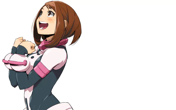Ochaco Uraraka (My Hero Academia) in hero suit, smiling and looking upward with clasped hands; 5K Ultra HD PC desktop wallpaper on white background.