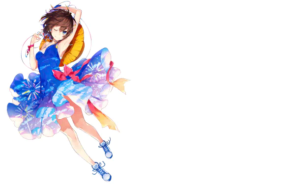 earbuds bow (Clothing) hat brown hair short hair blue eyes wink smile Anime Original HD Desktop Wallpaper | Background Image