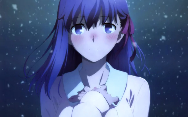 Sakura Matou, from Fate/stay Night: Heaven's Feel, with purple hair and eyes, blushes against a snowy, dark background. This HD desktop wallpaper captures her gentle, emotional expression.