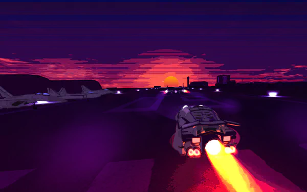 A minimalist sci-fi scene at sunrise with a military aircraft and futuristic car on a runway, rendered in vibrant colors in 8K Ultra HD.