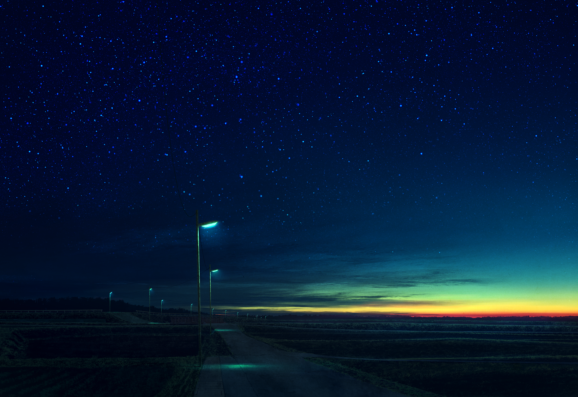 HD anime-style wallpaper featuring a serene night sky brimming with stars, illuminated street lights, and a subtle glow on the horizon.