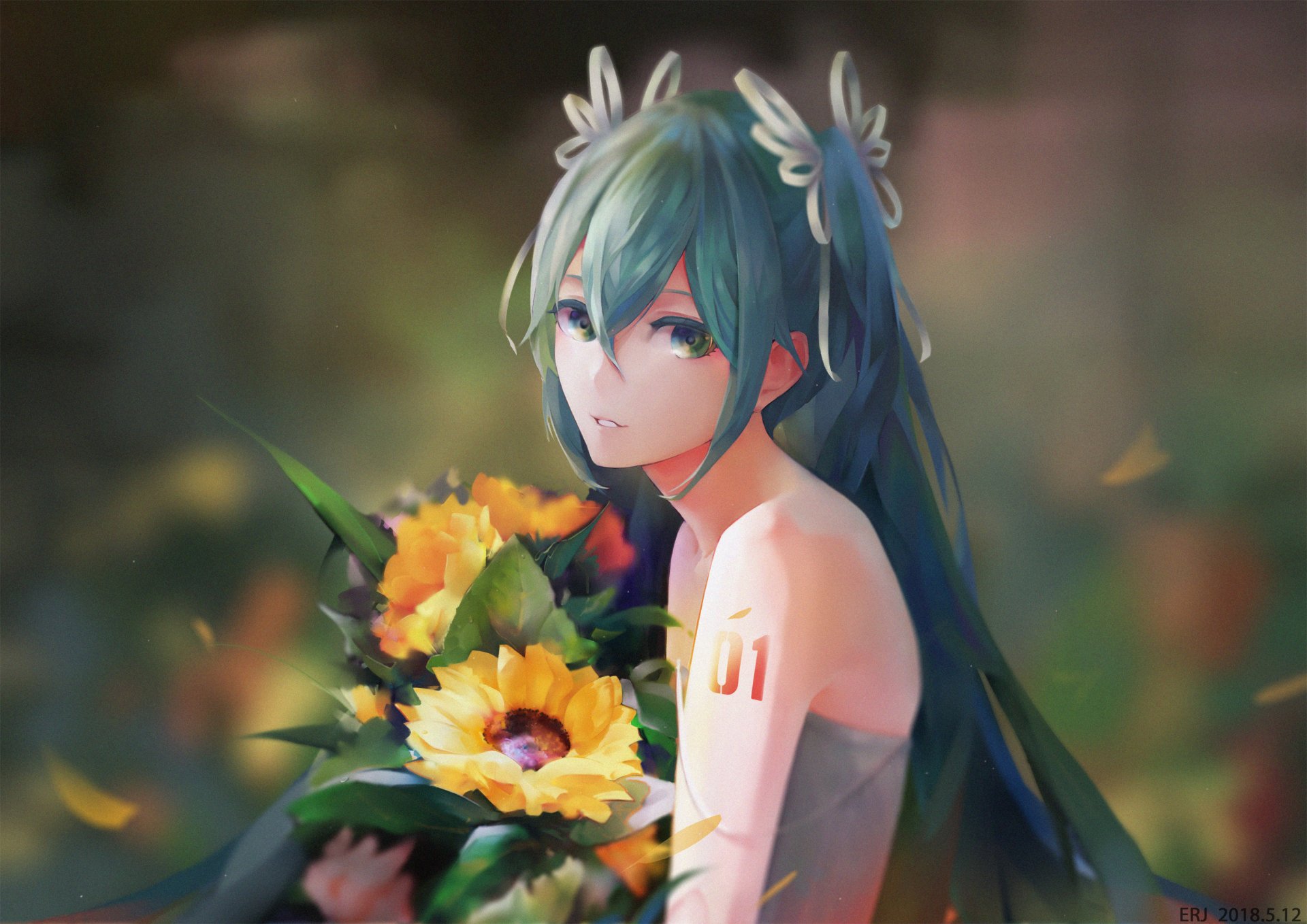 Anime-style Hatsune Miku with long blue hair and aqua eyes holding sunflowers against a soft bokeh backdrop — 2K Quad HD PC desktop wallpaper (Vocaloid).