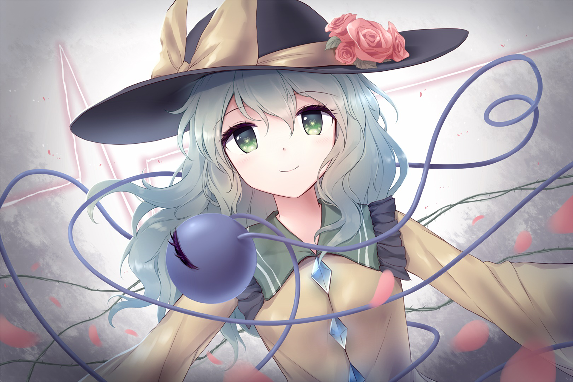 HD anime desktop wallpaper featuring Koishi Komeiji from Touhou, depicted with soft colors, a wide-brimmed hat, and delicate swirling tendrils.