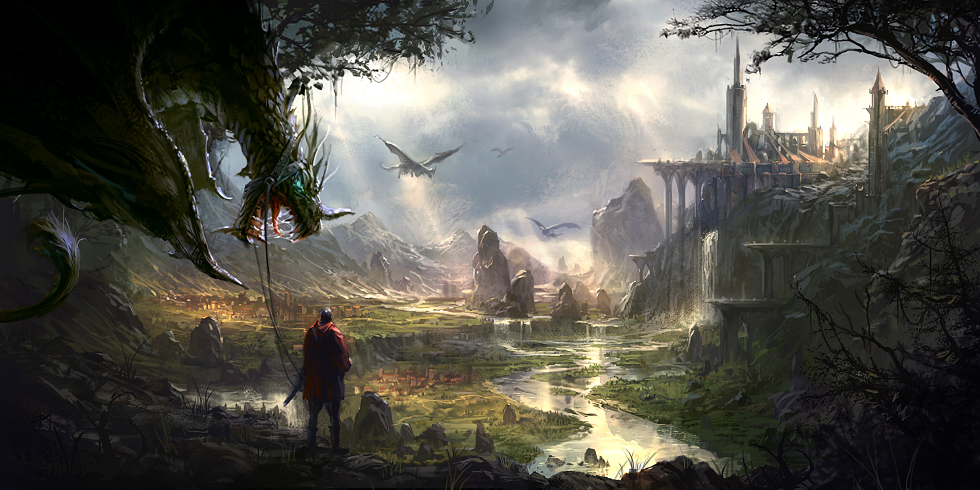 HD PC desktop wallpaper/background: fantasy landscape of a cloaked figure and dragon overlooking a misty river valley toward a distant cliffside castle beneath stormy skies.