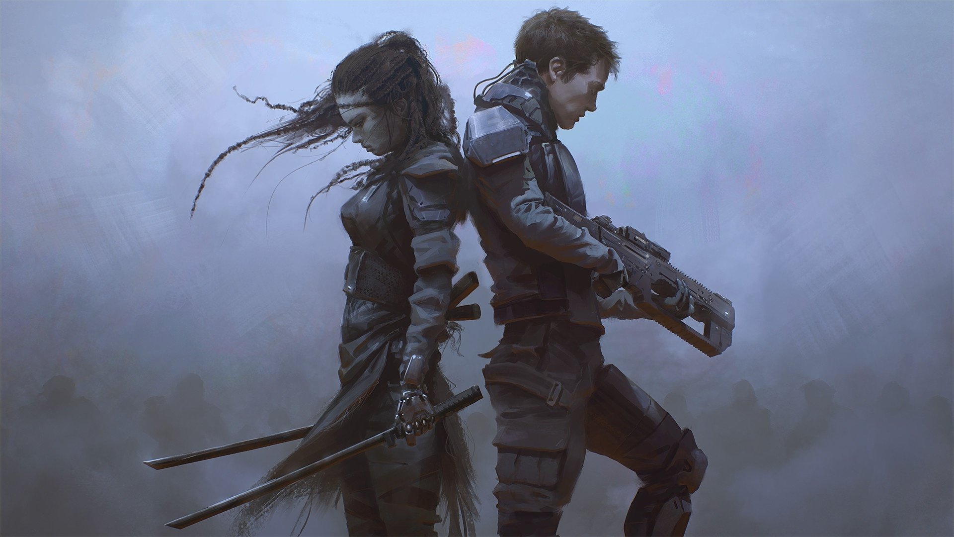 HD desktop wallpaper of a sci-fi scene featuring a woman warrior with swords and another warrior standing back-to-back with a futuristic firearm against a misty background.