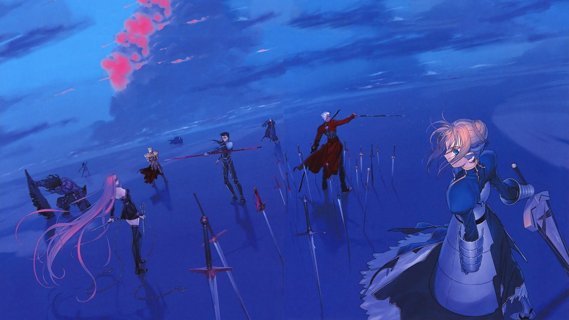 HD desktop wallpaper featuring characters from the Fate series: Berserker, Assassin, Medea (Caster), Gilgamesh, Rider, Cu Chulainn (Lancer), Archer, and Artoria Pendragon (Saber) in an ethereal blue setting with swords.