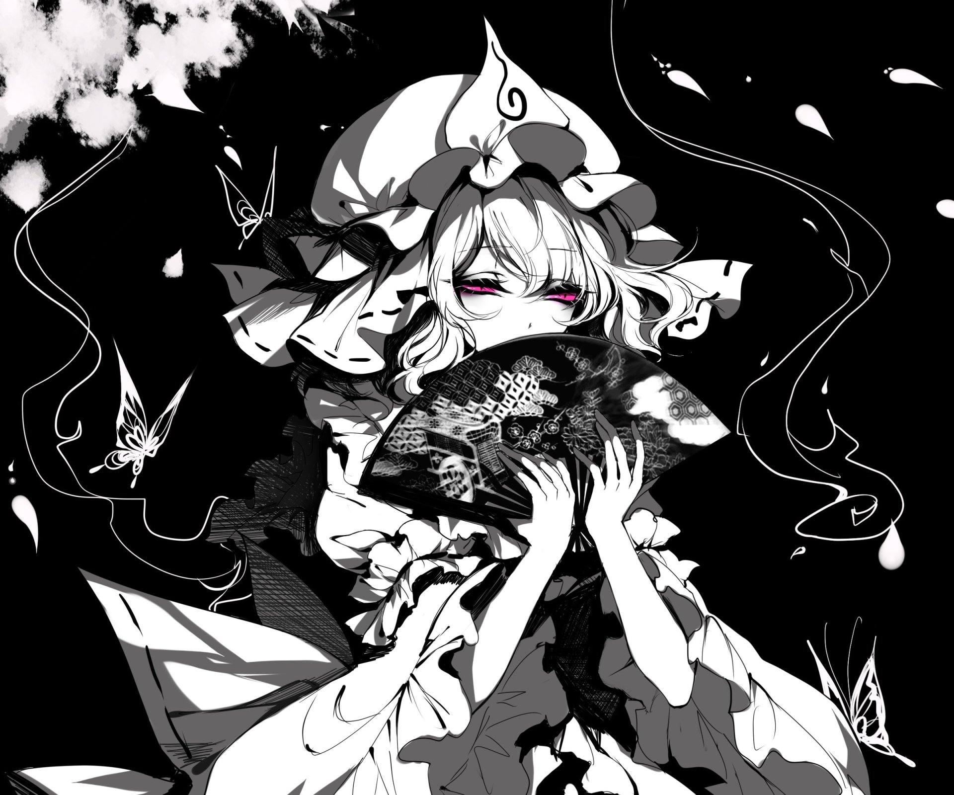 HD PC desktop wallpaper featuring Yuyuko Saigyouji from the Touhou anime series, depicted in monochrome with detailed shading and delicate butterflies.