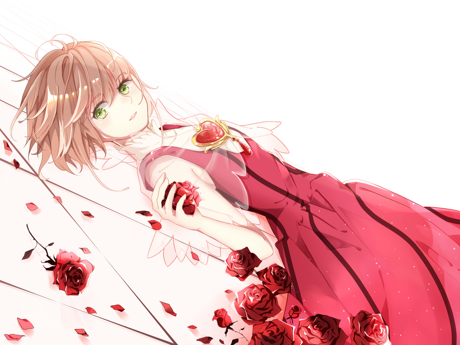 Sakura Kinomoto — Cardcaptor Sakura anime HD desktop wallpaper: lying in a red dress amid scattered roses, green eyes gazing upward.