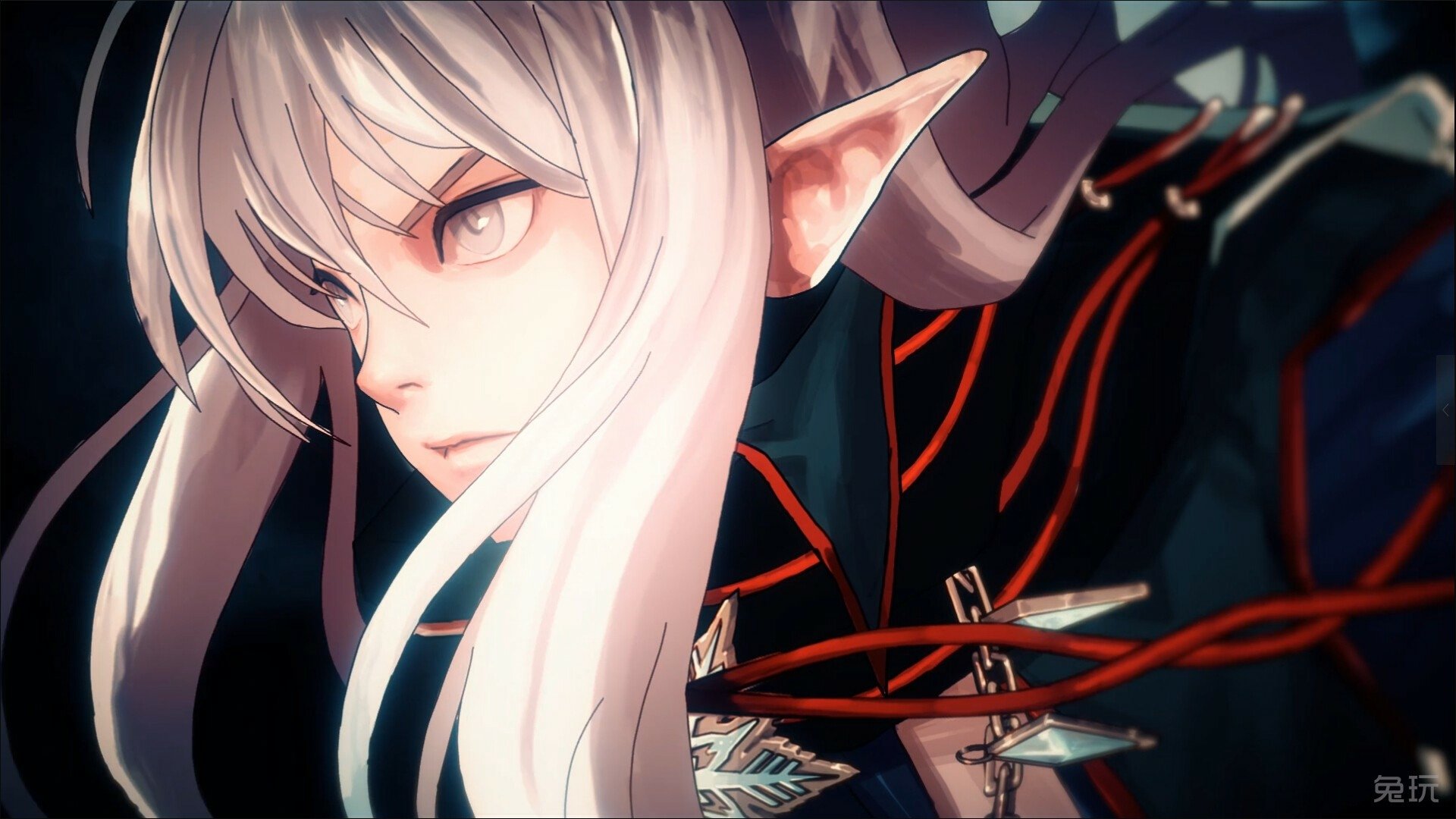 HD desktop wallpaper featuring a white-haired elf character from the video game Dungeon Fighter Online, showcasing detailed fantasy art with sharp, intense eyes.