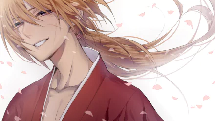 HD PC wallpaper of Kenshin Himura from the anime Rurouni Kenshin — smiling with long braided hair and red kimono as cherry blossoms drift around him.
