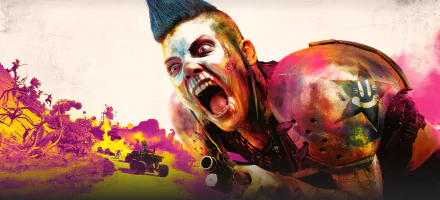 HD PC desktop wallpaper showcasing a character from the video game Rage 2 with vibrant colors and intense action.