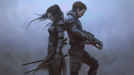 HD desktop wallpaper of a sci-fi scene featuring a woman warrior with swords and another warrior standing back-to-back with a futuristic firearm against a misty background.