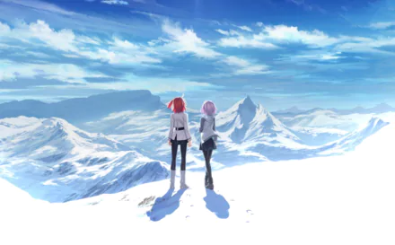 Anime-style HD desktop wallpaper featuring Shielder (Mashu Kyrielight) and Fujimaru Ritsuka from Fate/Grand Order standing on a snowy mountaintop under a bright blue sky.