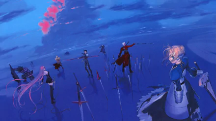 HD desktop wallpaper featuring characters from the Fate series: Berserker, Assassin, Medea (Caster), Gilgamesh, Rider, Cu Chulainn (Lancer), Archer, and Artoria Pendragon (Saber) in an ethereal blue setting with swords.