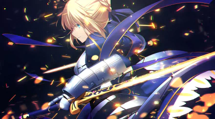 HD desktop wallpaper featuring Artoria Pendragon (Saber) from the Fate series, including Fate/Stay Night. The anime character is depicted in armor with a glowing sword, set against a dynamic, light-filled background.