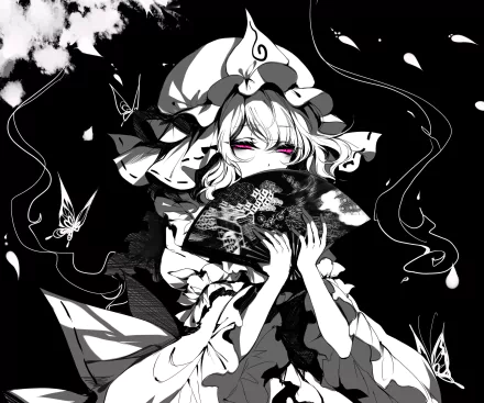 HD PC desktop wallpaper featuring Yuyuko Saigyouji from the Touhou anime series, depicted in monochrome with detailed shading and delicate butterflies.