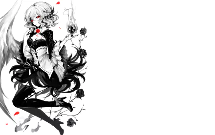 4K Ultra HD anime desktop wallpaper featuring Sagume Kishin from Touhou, showcasing detailed monochrome art with red accents and floral elements.