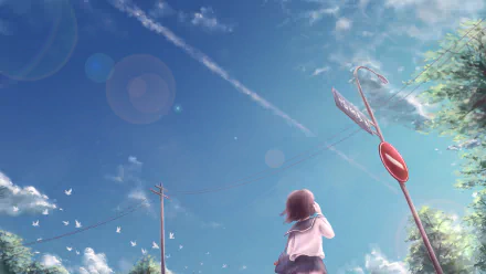 Anime original HD PC desktop wallpaper: a schoolgirl in uniform looks up at a bright blue sky with contrails, lens flare, a road sign and a telephone pole.