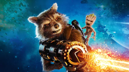 4K Ultra HD desktop wallpaper featuring Rocket Raccoon and Groot from the movie Guardians of the Galaxy Vol. 2 in an action-packed space scene.