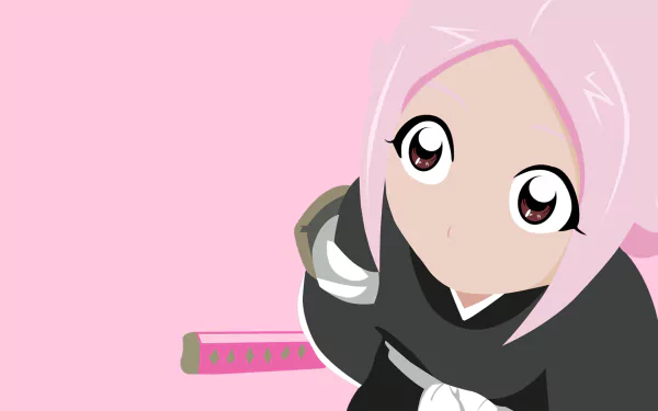 Minimalist HD PC desktop wallpaper of Yachiru Kusajishi (Bleach): chibi-style anime portrait with pink hair, big eyes, black shihakusho and pink-handled sword on soft pink background.