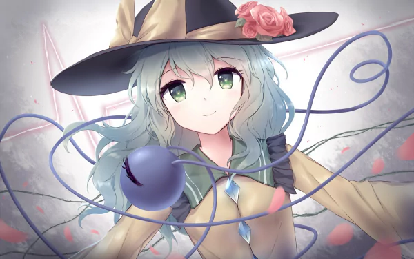 HD anime desktop wallpaper featuring Koishi Komeiji from Touhou, depicted with soft colors, a wide-brimmed hat, and delicate swirling tendrils.