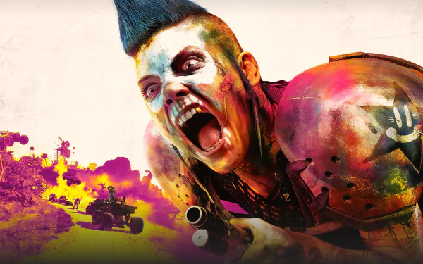 HD PC desktop wallpaper showcasing a character from the video game Rage 2 with vibrant colors and intense action.