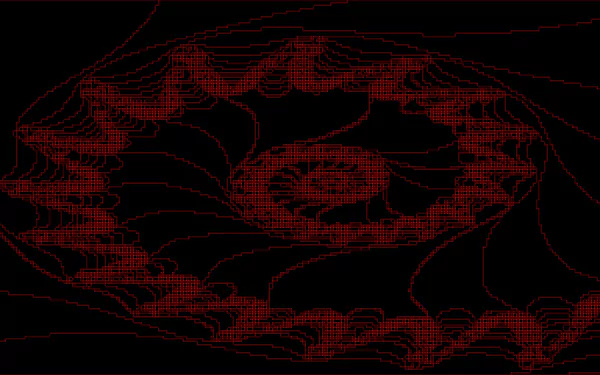 Abstract red spiral mesh on a black field, high-detail 4K Ultra HD PC desktop wallpaper showing a flowing, dotted fractal pattern.