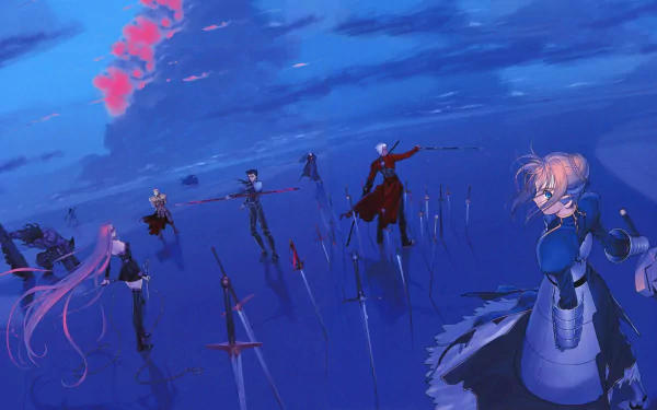 HD desktop wallpaper featuring characters from the Fate series: Berserker, Assassin, Medea (Caster), Gilgamesh, Rider, Cu Chulainn (Lancer), Archer, and Artoria Pendragon (Saber) in an ethereal blue setting with swords.